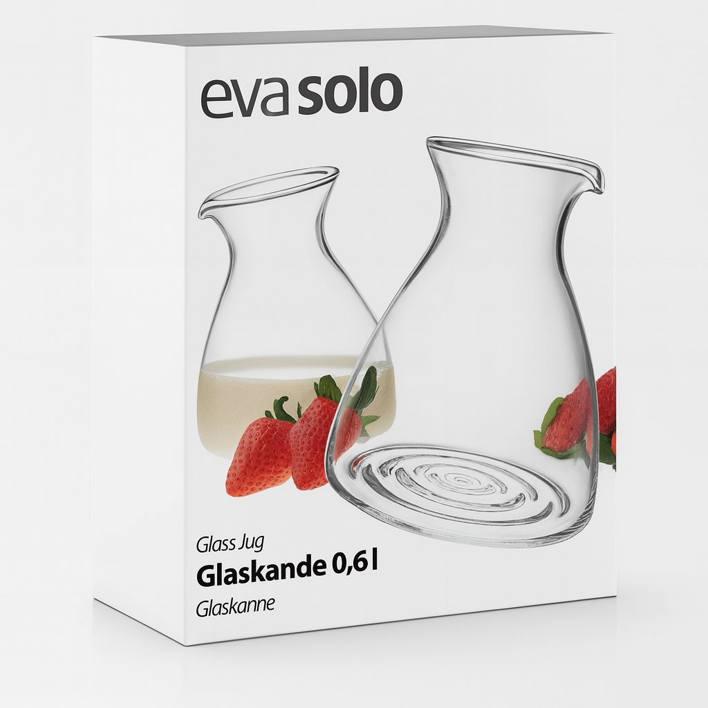 Eva Solo glass jug packaging with product illustration on a white background