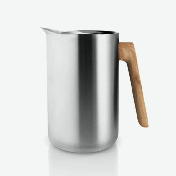 Stainless steel pitcher with a wooden handle on a white background